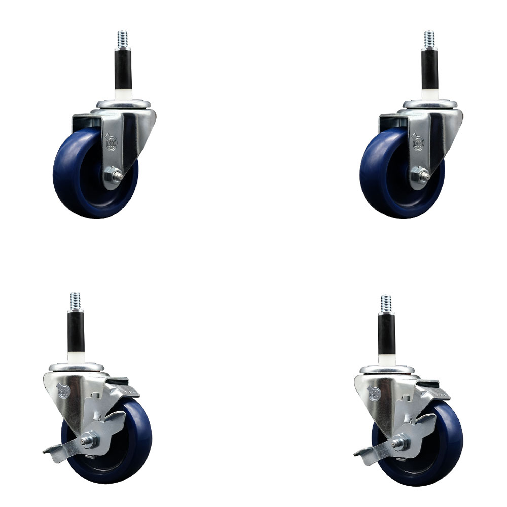 Stainless Steel Solid Polyurethane Expanding Stem Swivel Caster with 3.5 in. Blue Wheel & 0.87 in. Stem & Top Locking Brake