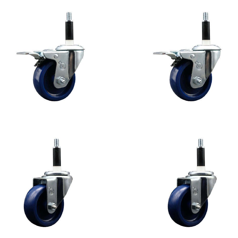 Stainless Steel Solid Polyurethane Swivel Expanding Stem Caster with 3.5 in. Blue Wheels & 0.87 in. Stems 2 with Total Locking Brakes - Set of 4
