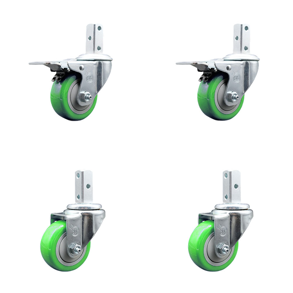 Swivel Square Stem Caster with 3 x 1.25 in. Green Poly Wheel, 0.87 x 2 in. Square Stem with 3 0.26 in. Diameter Mounting Holes - Set of 4