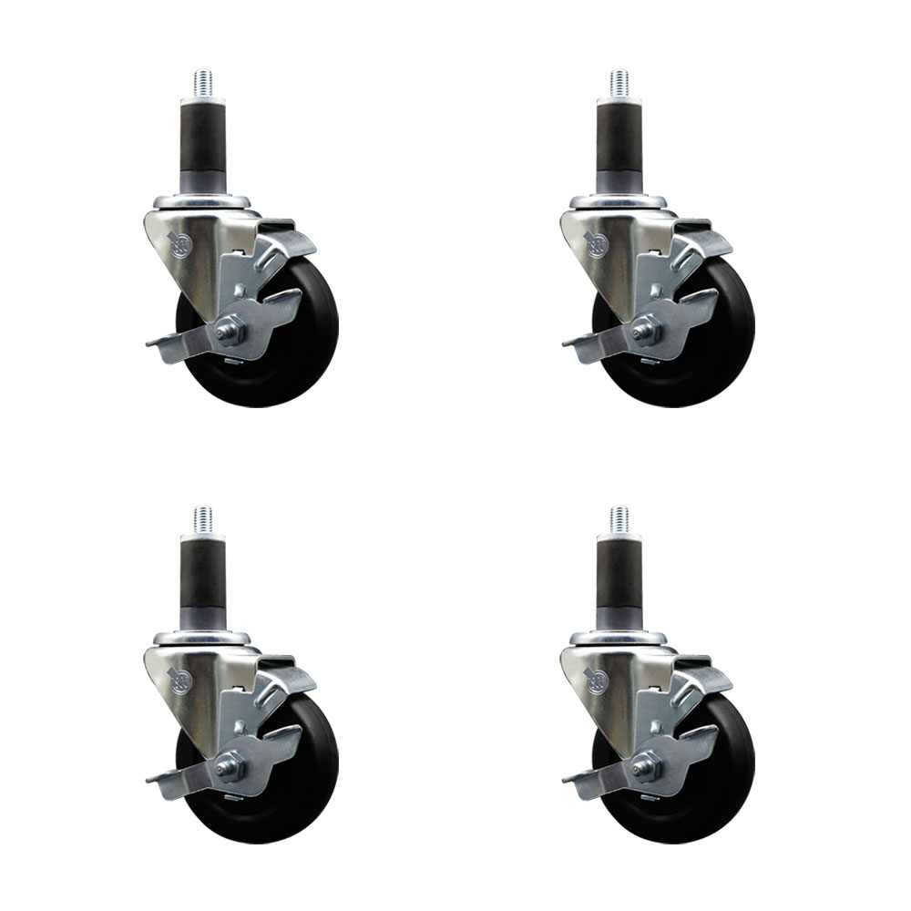 Stainless Steel Soft Rubber Swivel Expanding Stem Caster with 3.5 in. Black Wheels & 1.25 in. Stems, 4 Swivel with Top Locking Brakes - Set of 4