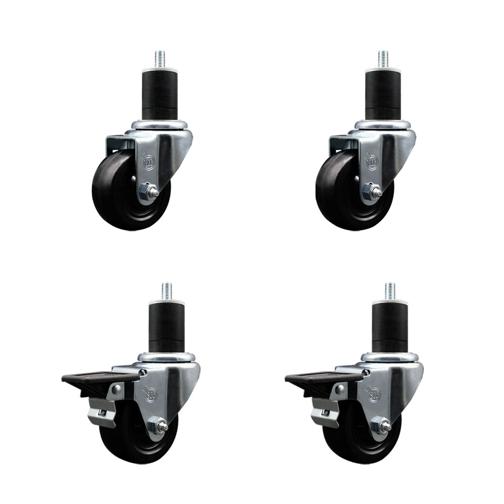 SCC-EX20S314-SRS-2-PLB-2-134 Soft Rubber Swivel Expanding Stem Caster with 3 in. Black Wheels & 1.75 in. Stems - Set of 4