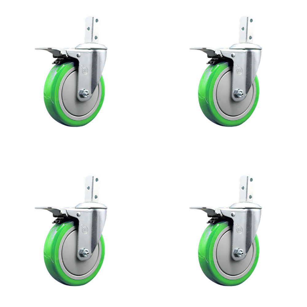 Swivel Square Stem Caster with 5 x 1.25 in. Green Poly Wheel, 0.75 x 2 in. Square Stem with 3 0.26 in. Diameter Mounting Holes - Set of 4