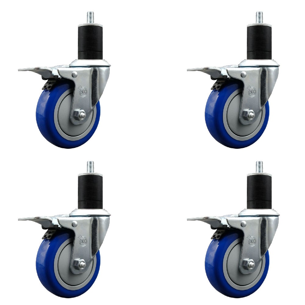 Stainless Steel Polyurethane Swivel Expanding Stem Caster with 4 in. Blue Wheel & 1.75 in. Stems 4 Swivel with Total Locking Brake - Set of 4