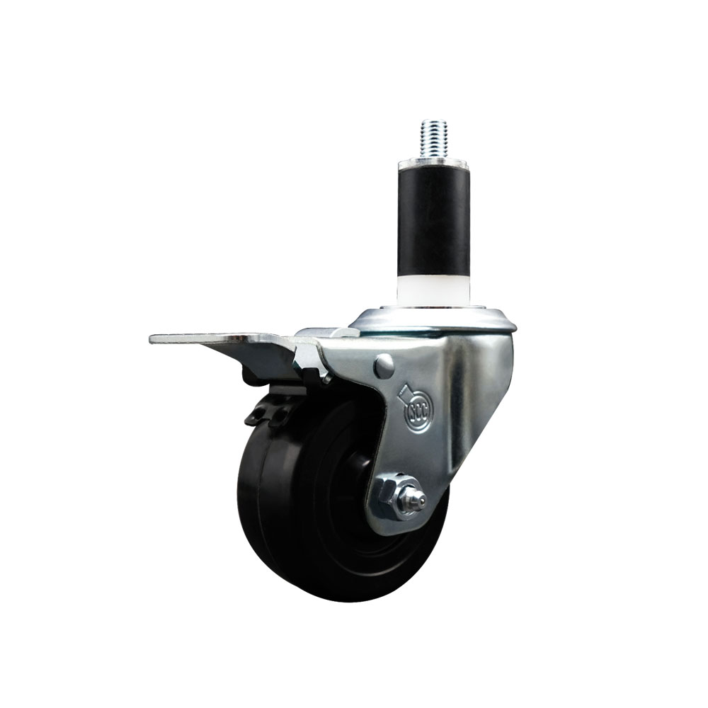 SCC-SSEXTTL20S314-SRS-138 Stainless Steel Soft Rubber Expanding Stem Swivel Caster with 3 in. Black Wheel & 1.38 in. Stem & Total Locking Brake