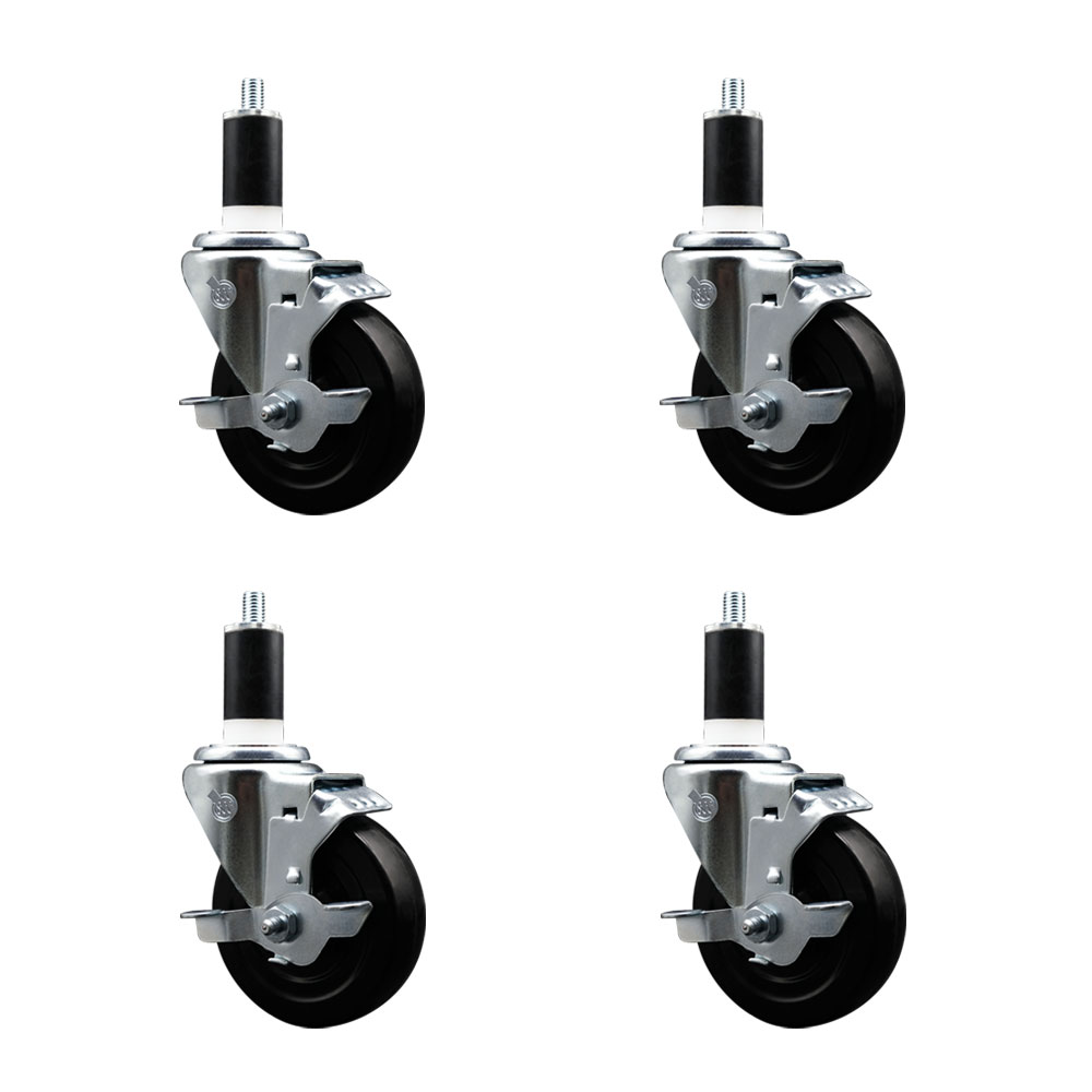 Stainless Steel Soft Rubber Swivel Expanding Stem Caster with 4 in. Black Wheels & 1.38 in. Stems 4 Swivel with Top Locking Brakes - Set of 4
