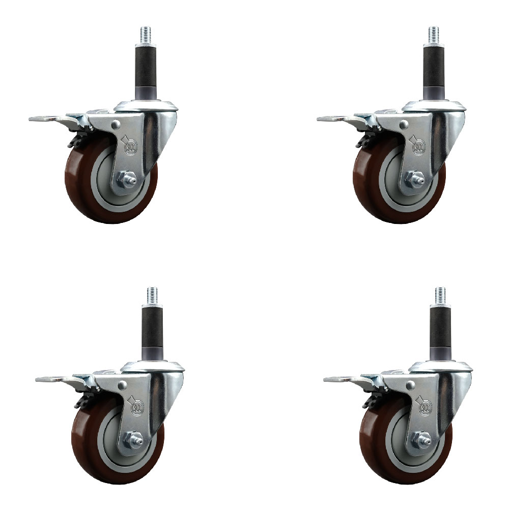 Stainless Steel Polyurethane Swivel Expanding Stem Caster with 3.5 in. Maroon Wheels & 1 in. Stems 4 Swivel with Total Locking Brakes - Set of 4