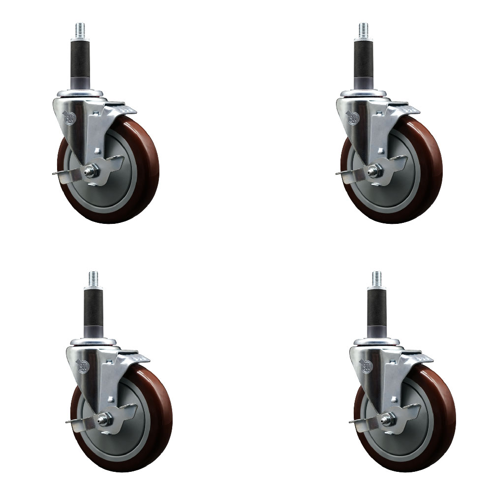 Stainless Steel Polyurethane Swivel Expanding Stem Caster with 5 in. Maroon Wheels & 1 in. Stems 4 Swivel with Top Locking Brakes - Set of 4