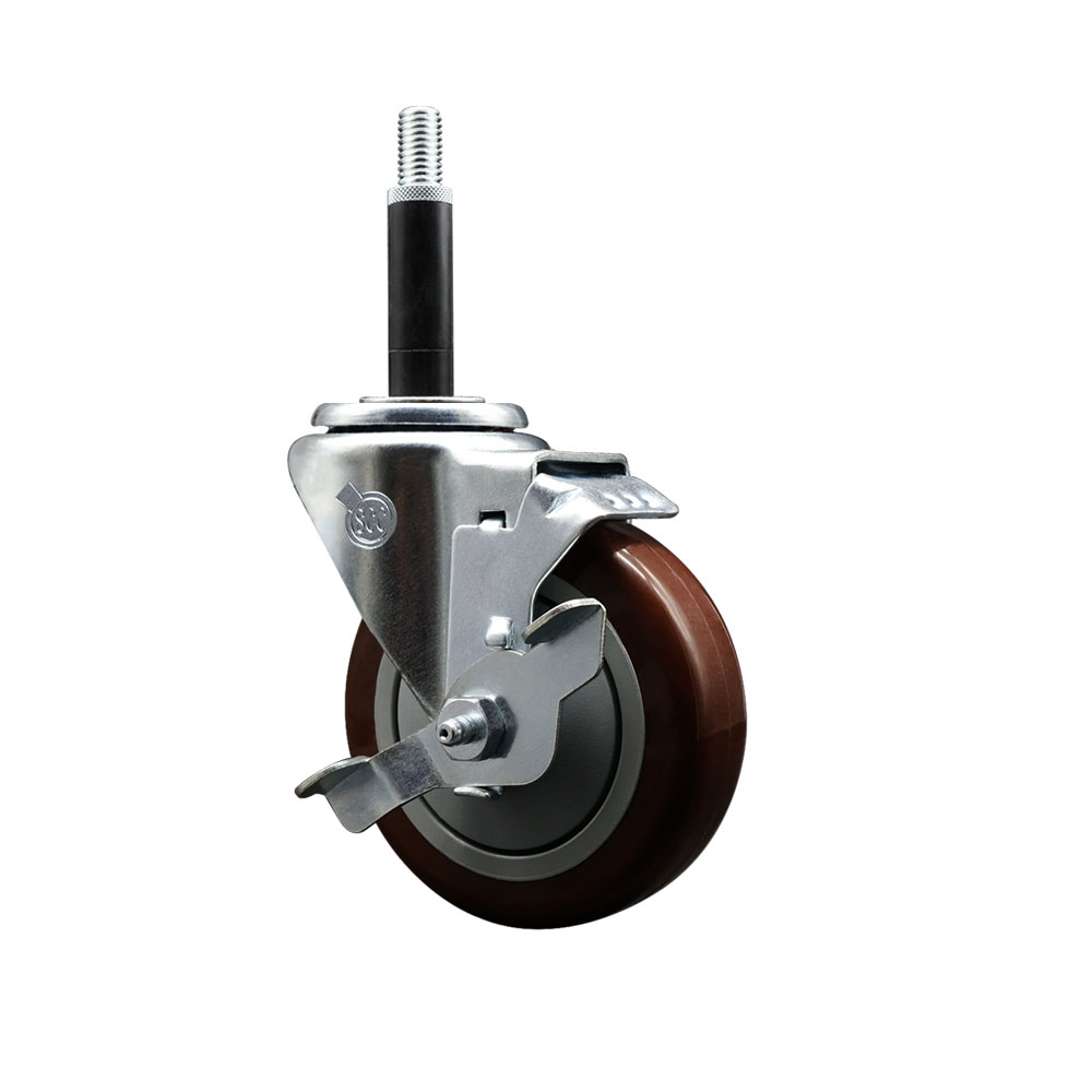 SCC-EX20S414-PPUB-MRN-TLB-34 Polyurethane Expanding Stem Swivel Caster with 4 in. Maroon Wheel & 0.75 in. Stem & Top Locking Brake