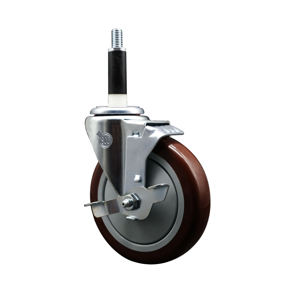 SCC-EX20S514-PPUB-MRN-TLB-78 Polyurethane Expanding Stem Swivel Caster with 5 in. Maroon Wheel & 0.87 in. Stem & Top Locking Brake