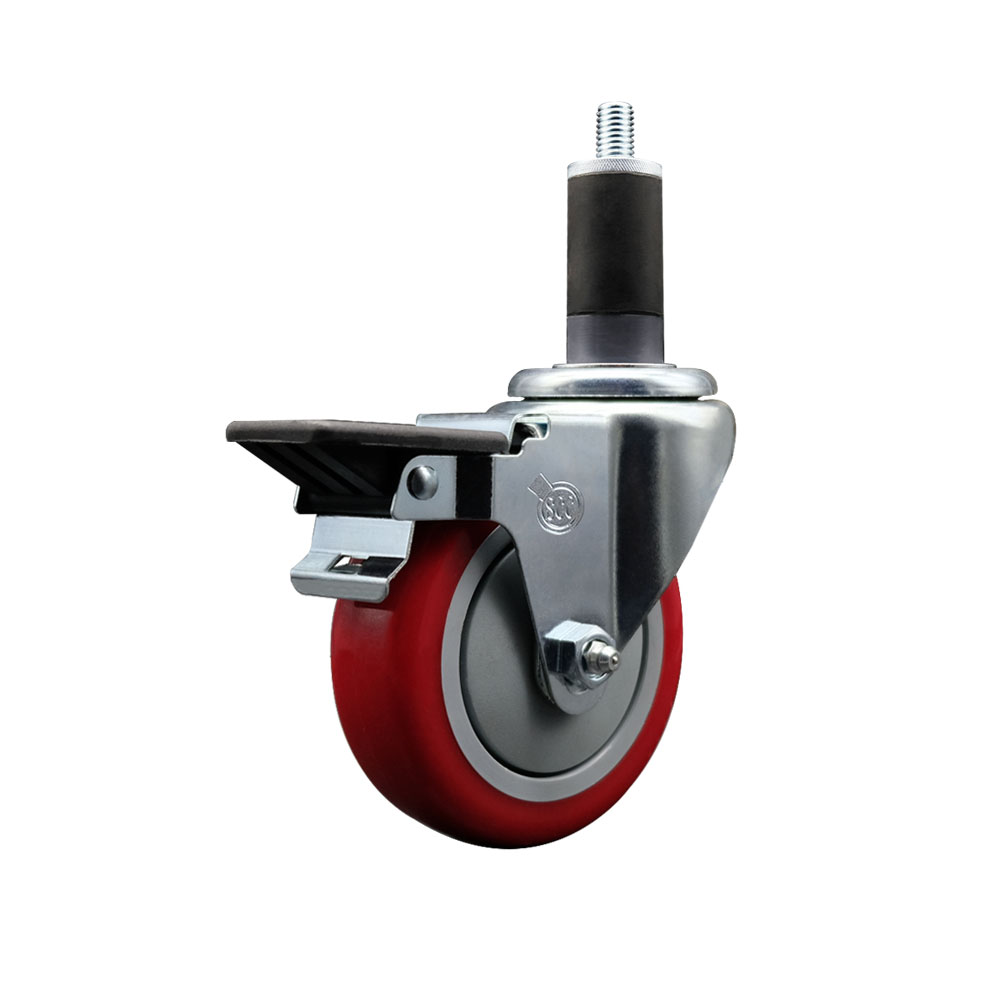 SCC-EX20S414-PPUB-RED-PLB-114 Polyurethane Expanding Stem Swivel Caster with 4 in. Red Wheel & 1.25 in. Stem & Posi Locking Brake