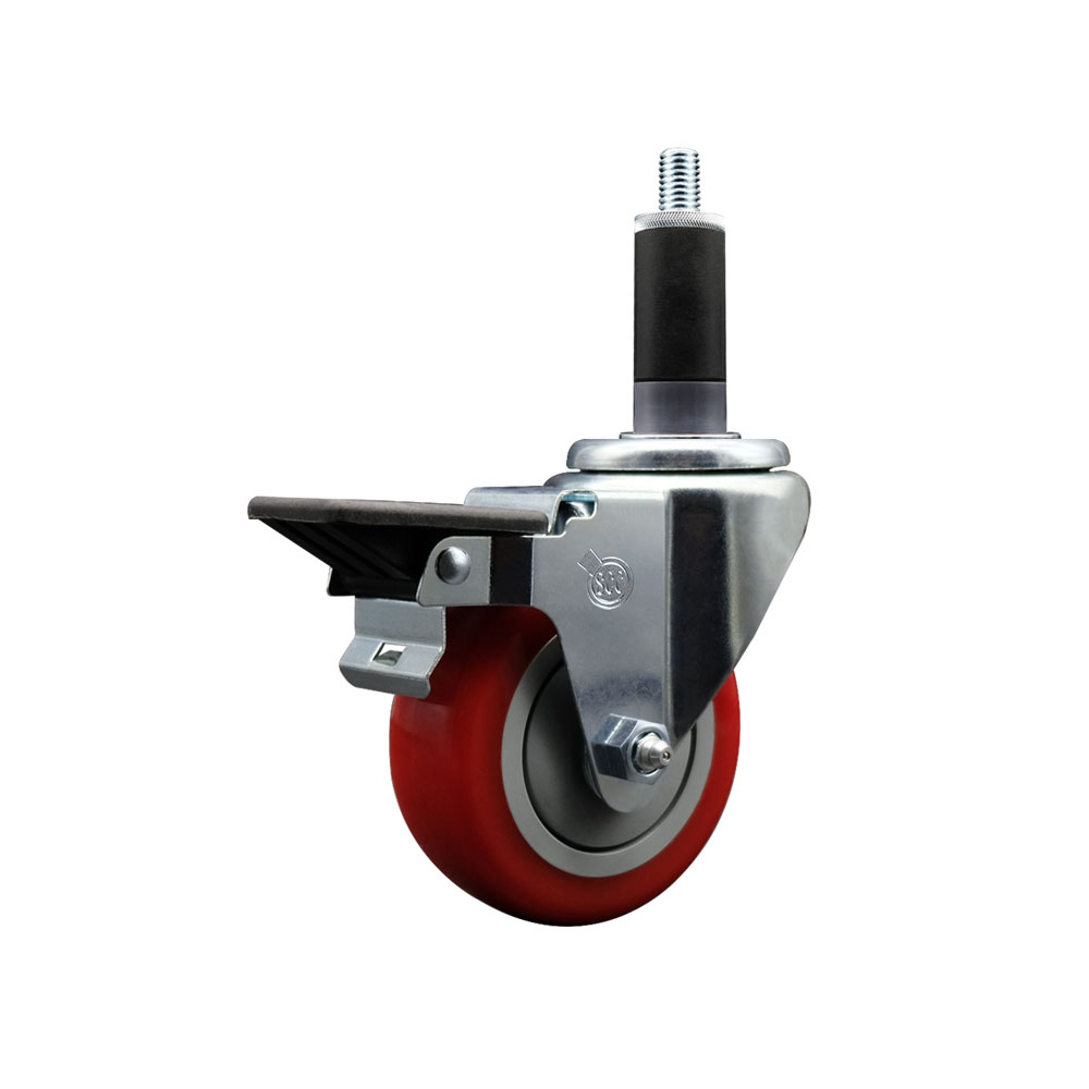 SCC-EX20S3514-PPUB-RED-PLB-118 Polyurethane Expanding Stem Swivel Caster with 3.5 in. Red Wheel & 1.13 in. Stem & Posi Locking Brake
