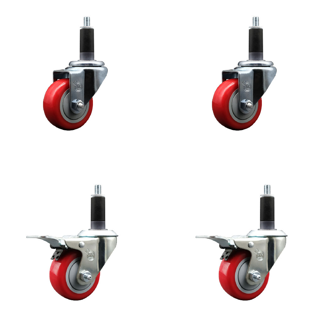 SCC-SSEXTTL20S314-PPUB-RED-2-S-2-118 Stainless Steel Polyurethane Swivel Expanding Stem Caster with 3 in. Red Wheels & 1.13 in. Stems - Set of 4