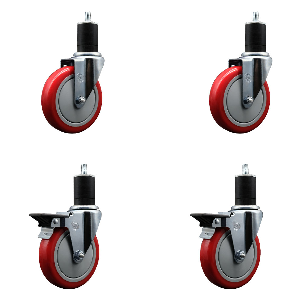 SCC-EX20S514-PPUB-RED-2-PLB-2-134 Polyurethane Swivel Expanding Stem Caster with 5 in. Red Wheels & 1.75 in. Stems - Set of 4