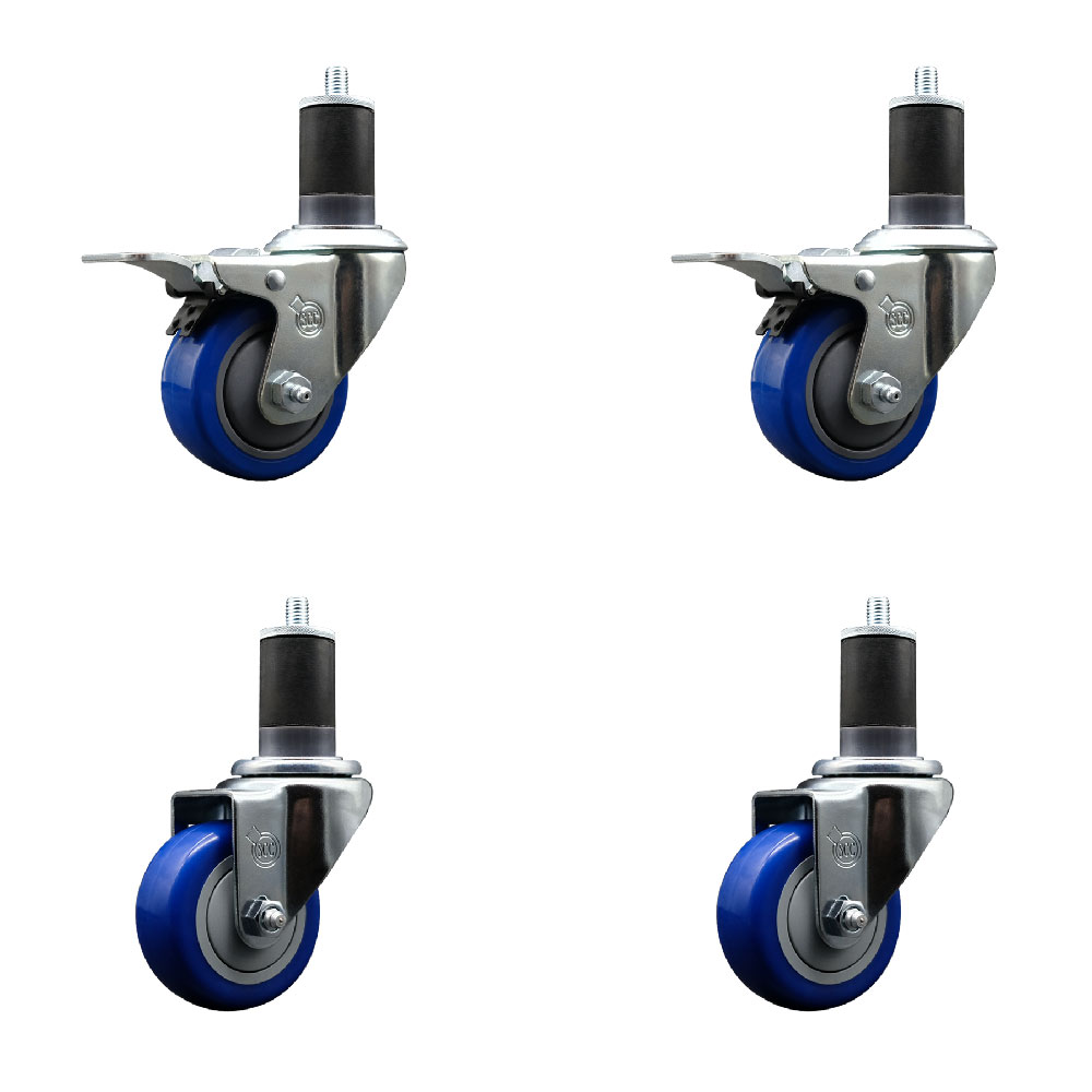 SCC-SSEXTTL20S314-PPUB-BLU-2-S-2-158 Stainless Steel Polyurethane Swivel Expanding Stem Caster with 3 in. Blue Wheels & 1.63 in. Stems - Set of 4