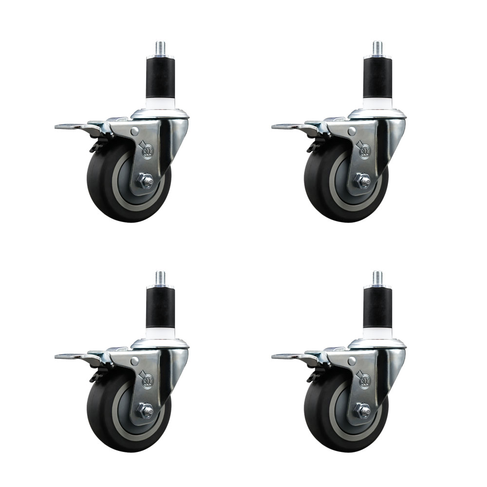 Thermoplastic Rubber Swivel Expanding Stem Caster with 3.5 in. Gray Wheels & 1.5 in. Stems 4 Swivel with Total Locking Brakes - Set of 4