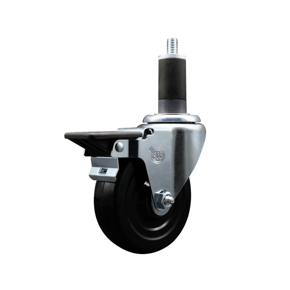 SCC-EX20S414-SRS-PLB-114 Soft Rubber Expanding Stem Swivel Caster with 4 in. Black Wheel & 1.25 in. Stem & Posi Locking Brake