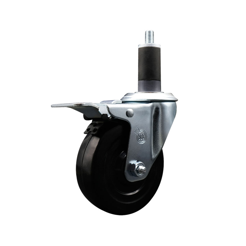 SCC-EXTTL20S414-SRS-114 Soft Rubber Expanding Stem Swivel Caster with 4 in. Black Wheel & 1.25 in. Stem & Total Locking Brake