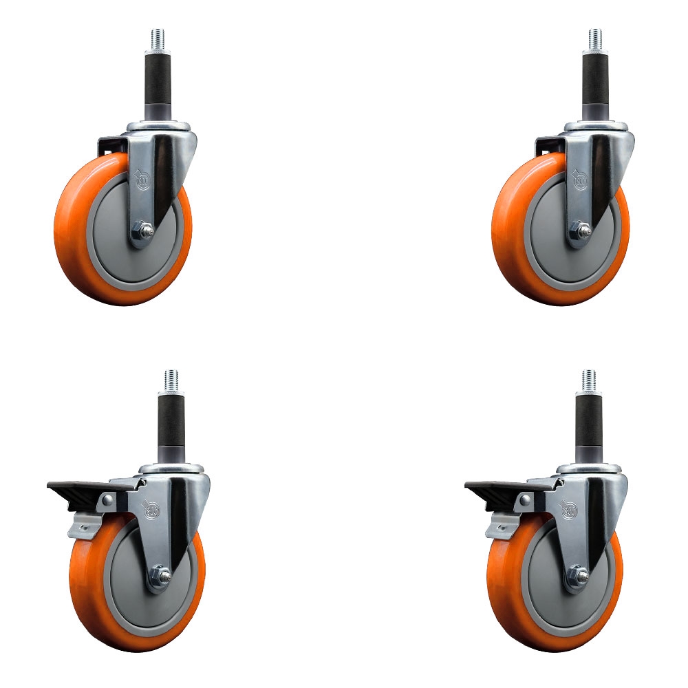SCC-EX20S514-PPUB-ORG-2-PLB-2-1 Polyurethane Swivel Expanding Stem Caster with 5 in. Orange Wheels & 1 in. Stems - Set of 4