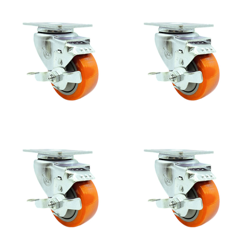 SCC-20S3514-PPUB-ORG-TLB-TP3-4 Swivel Caster with Brakes & 3.5 in. Orange Polyurethane Wheel - 4 x 4.5 in. Overall Top Plate - Set of 4