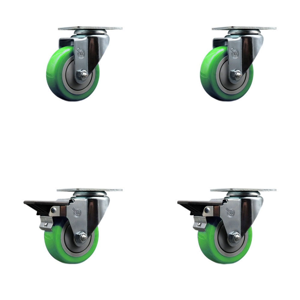 SCC-20S3514-PPUB-GRN-2-PLB-2 Polyurethane Swivel Top Plate Caster with 3.5 in. Green Wheels - Set of 4