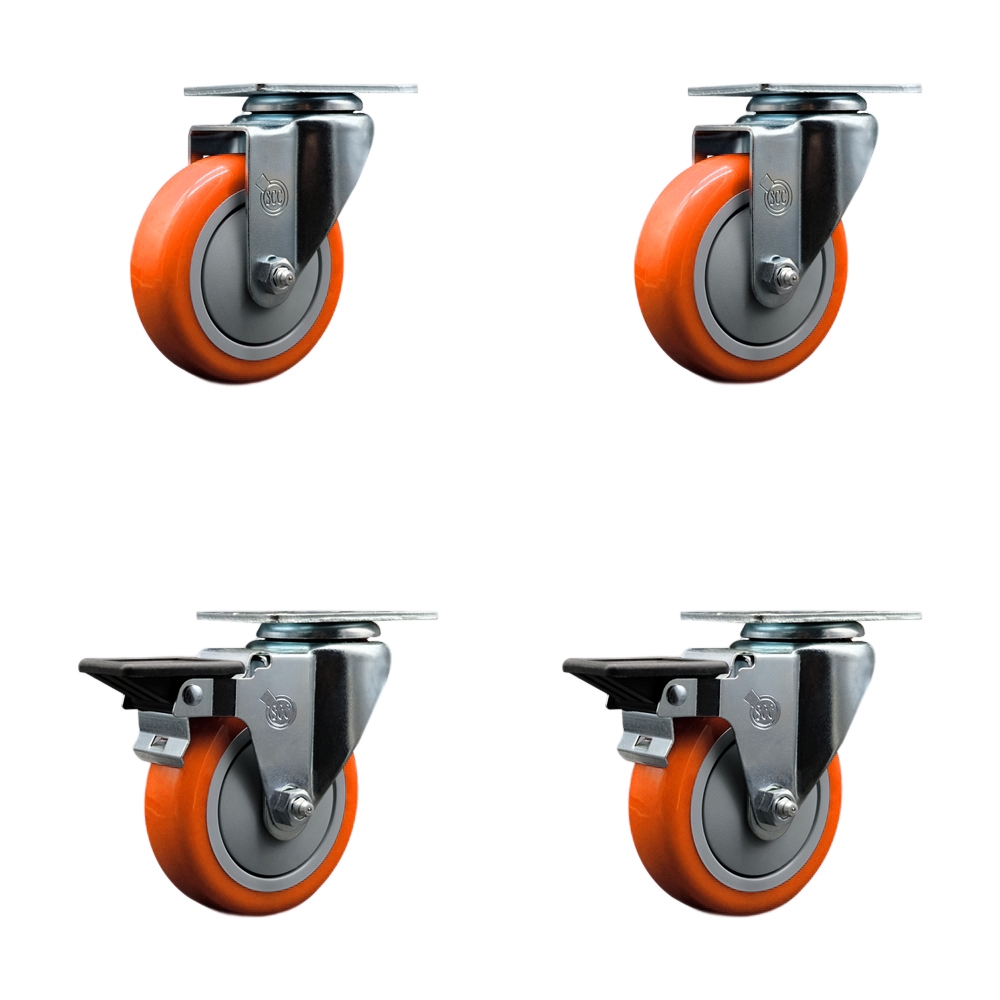 SCC-20S414-PPUB-ORG-2-PLB-2 Polyurethane Swivel Top Plate Caster with 4 in. Orange Wheels - Set of 4