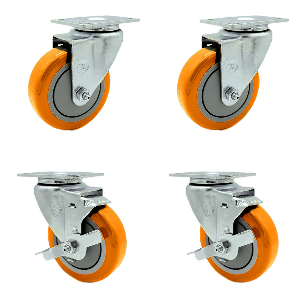 SCC-20S414-PPUB-ORG-2-TLB-2 Polyurethane Swivel Top Plate Caster with 4 in. Orange Wheels - Set of 4