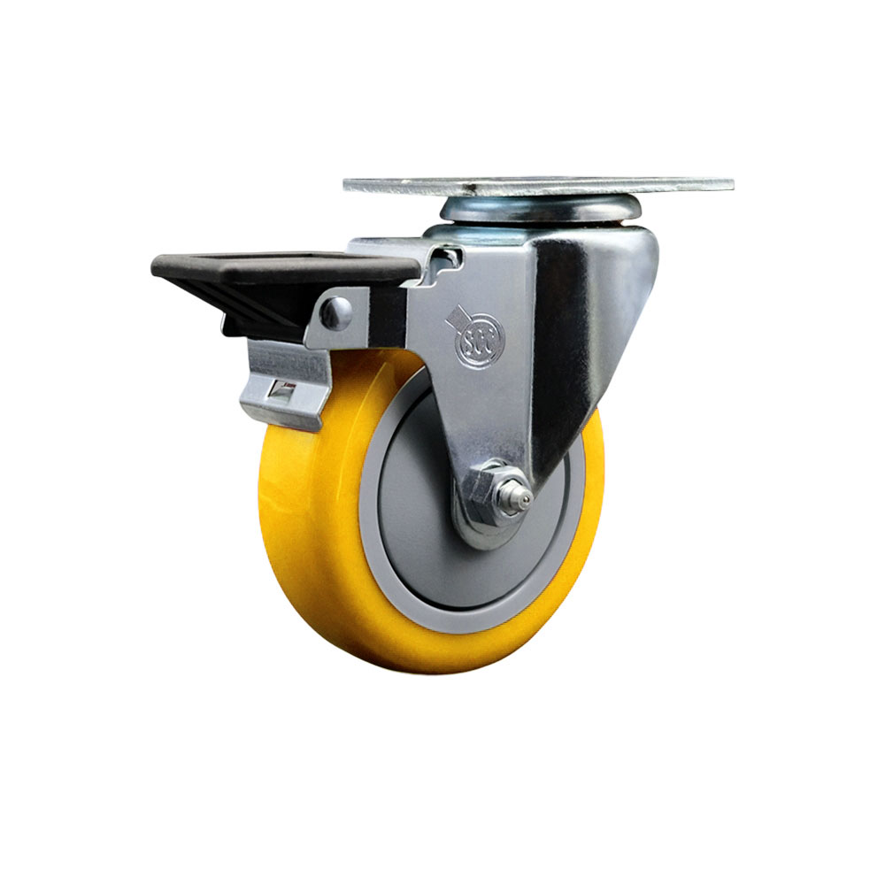 SCC-20S414-PPUB-YEL-PLB Polyurethane Swivel Top Plate Swivel Caster with 4 in. Yellow Wheel & Posi Locking Brake