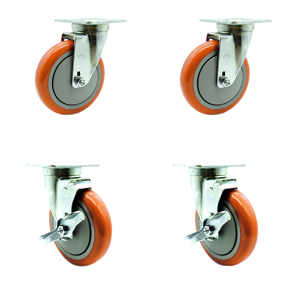 SCC-20S514-PPUB-ORG-TPU1-2-TLB-2 Universal Kitchen Casters 5 x 1.25 in. Polyurethane Orange Wheels Caster - Non Marking - Set of 4