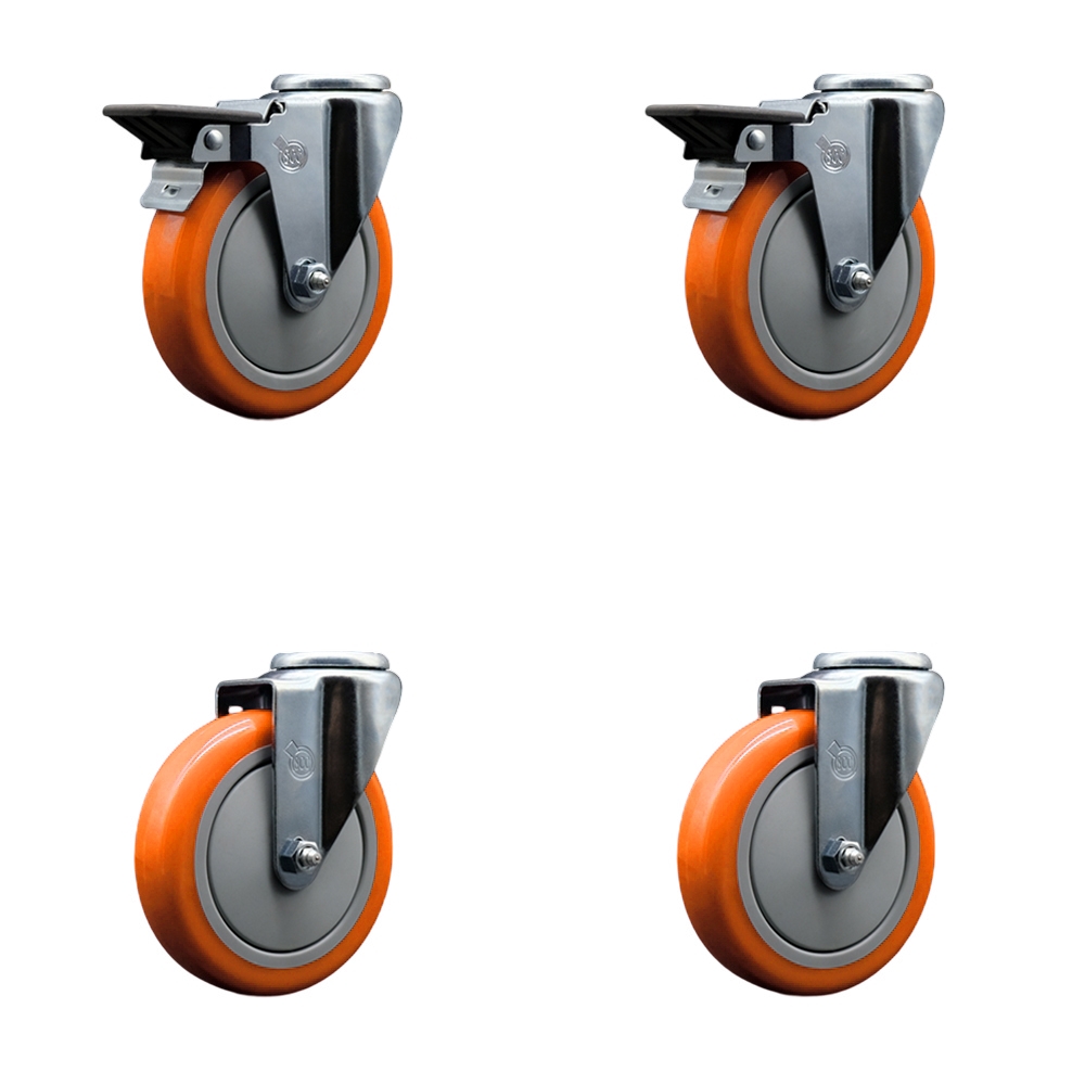SCC-BH20S514-PPUB-ORG-PLB-2-S-2 Polyurethane Swivel Bolt Hole Caster with 5 x 1.25 in. Orange Wheels - Set of 4