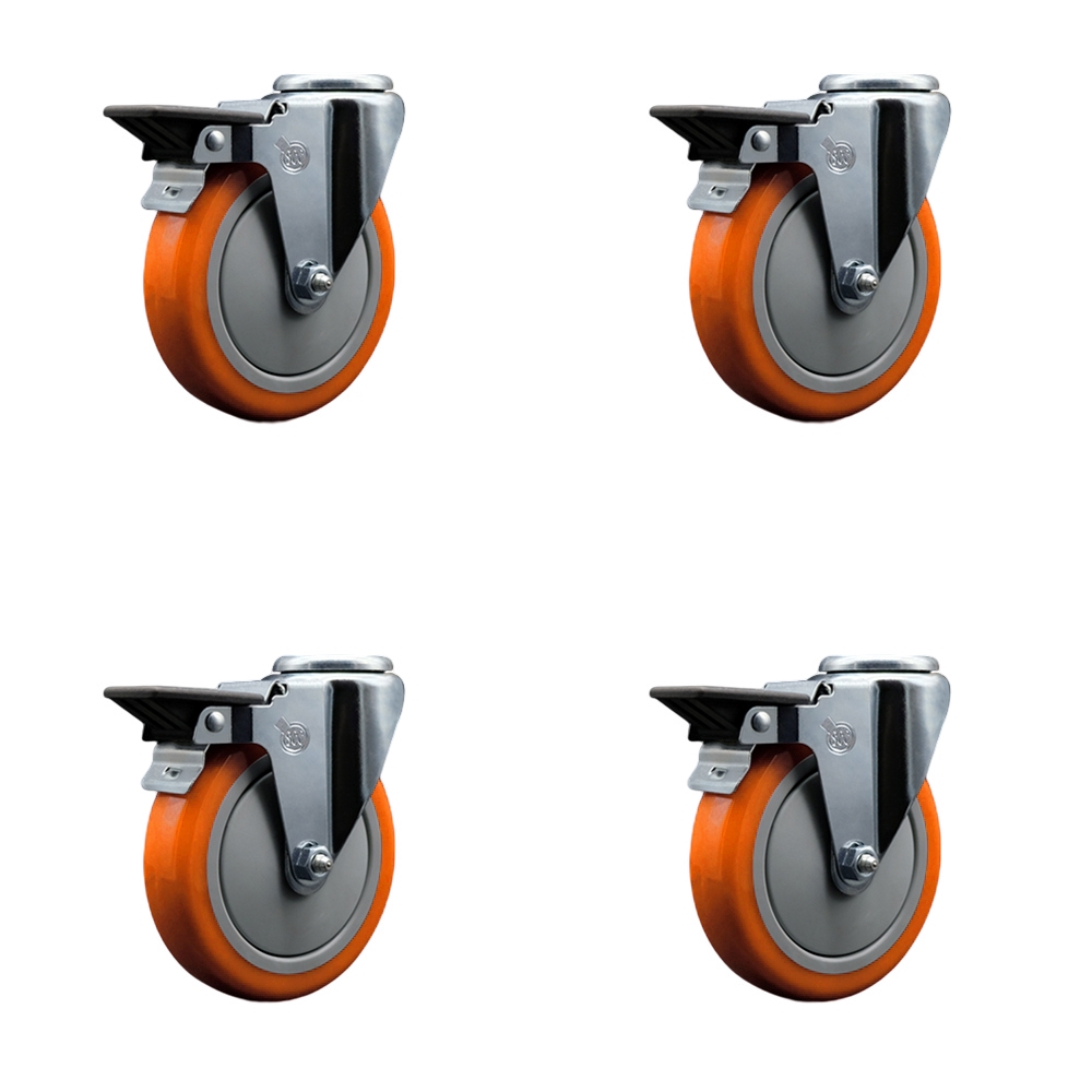 SCC-BH20S514-PPUB-ORG-PLB-4 Polyurethane Swivel Bolt Hole Caster with 5 x 1.25 in. Orange Wheels - Set of 4