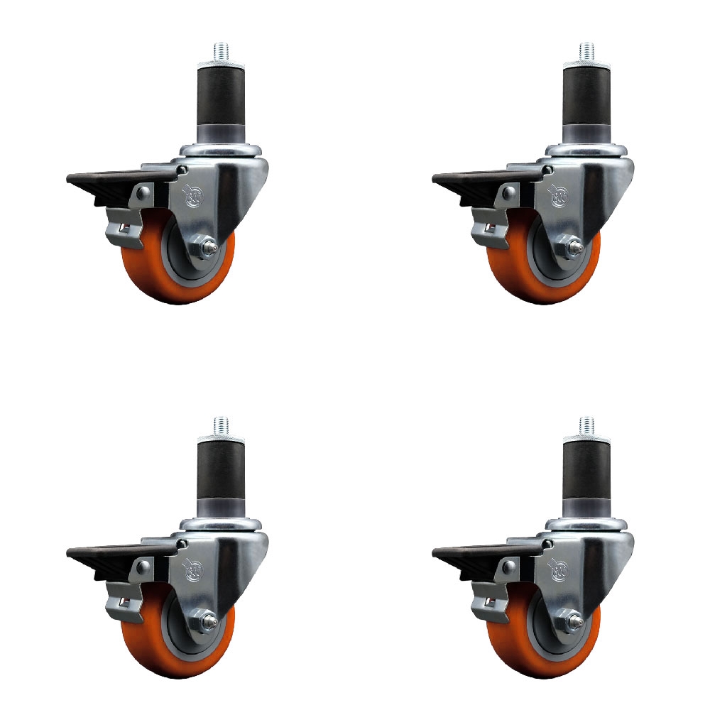 SCC-EX20S314-PPUB-ORG-PLB-158-4 Polyurethane Swivel Expanding Stem Caster with 3 in. Orange Wheels & 1.63 in. Stems - Set of 4
