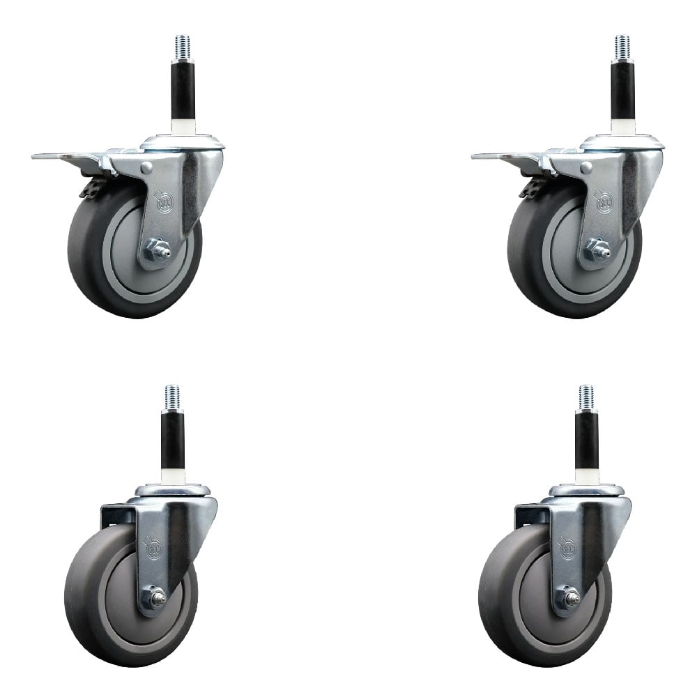 Stainless Steel Thermoplastic Rubber Swivel Expanding Stem Caster with 4 in. Gray Wheels & 0.87 in. Stems 2 with Total Locking Brakes - Set of 4