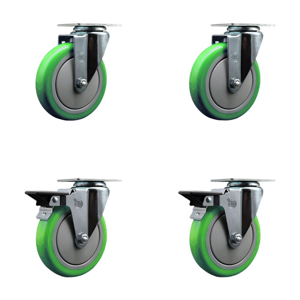 SCC-20S514-PPUB-GRN-2-PLB-2 Polyurethane Swivel Top Plate Caster with 5 in. Green Wheels - Set of 4