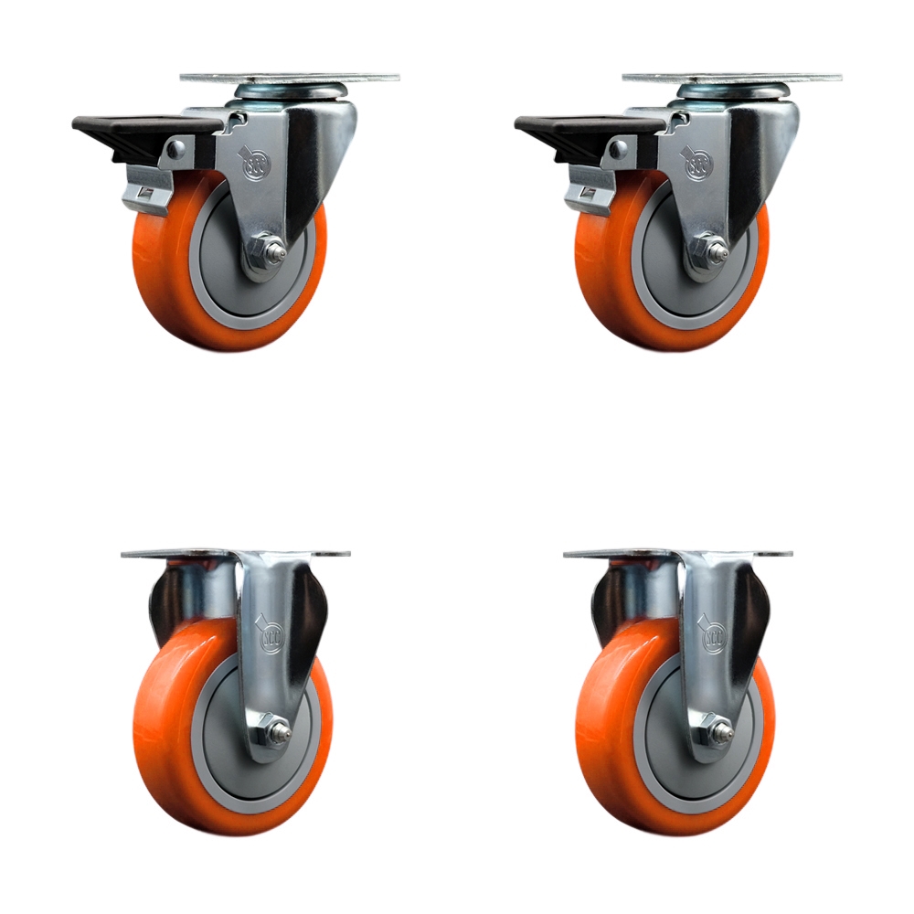 SCC-20S414-PPUB-ORG-PLB-2-R-2 Polyurethane Swivel Top Plate Caster with 4 in. Orange Wheels - Set of 4