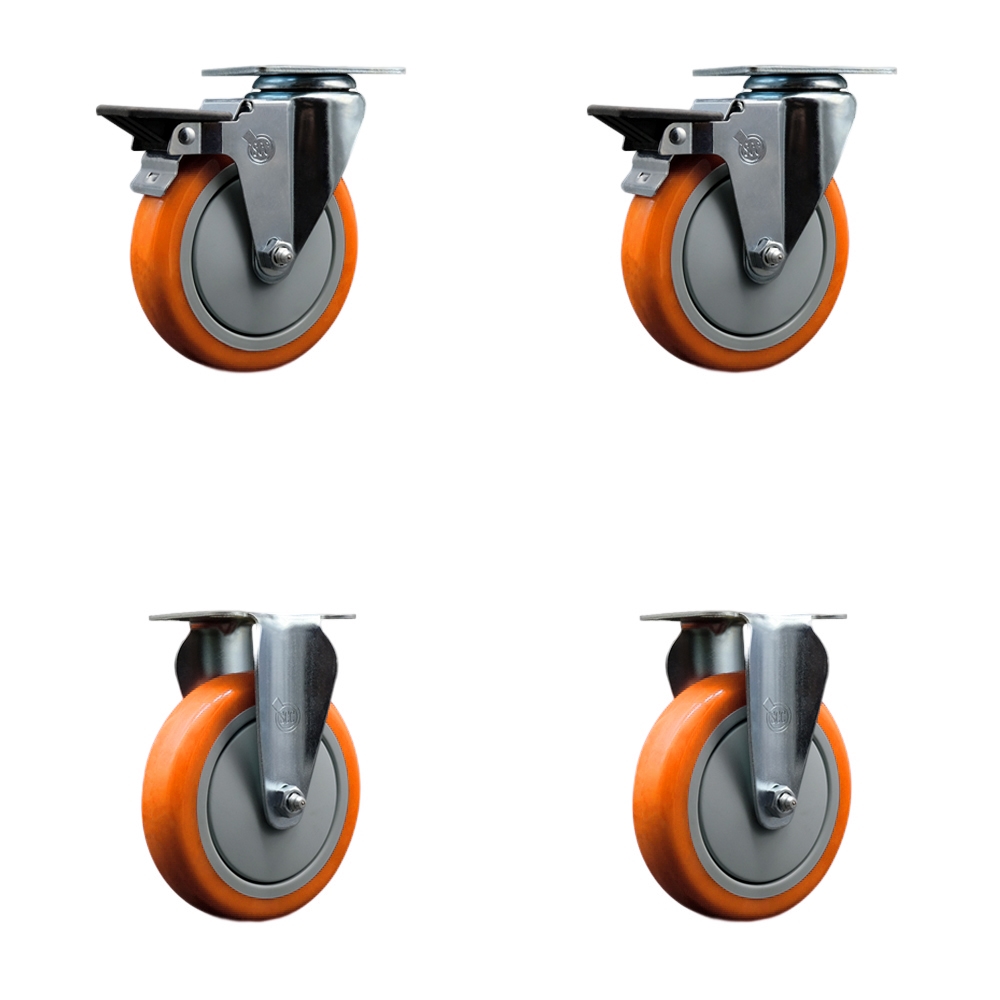 SCC-20S514-PPUB-ORG-PLB-2-R-2 Polyurethane Swivel Top Plate Caster with 5 in. Orange Wheels - Set of 4