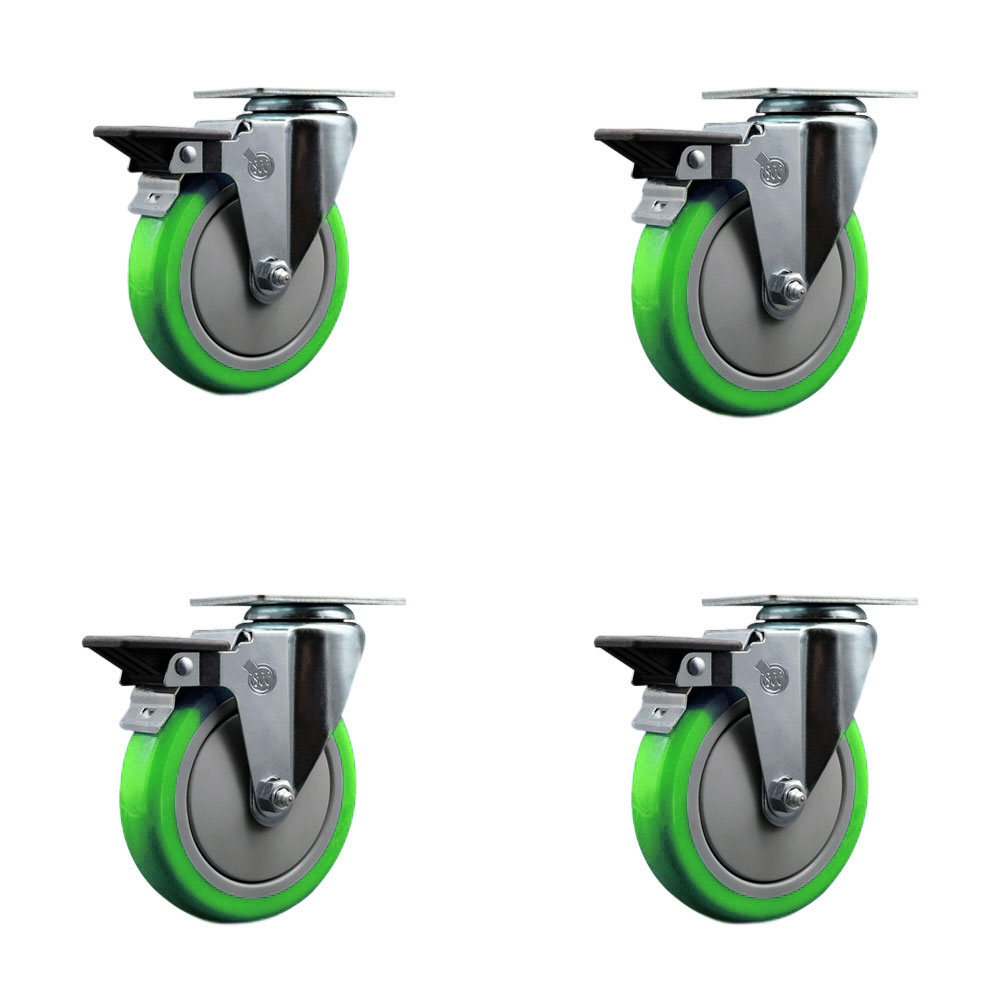 SCC-20S514-PPUB-GRN-PLB-4 Polyurethane Swivel Top Plate Caster with 5 in. Green Wheels - Set of 4