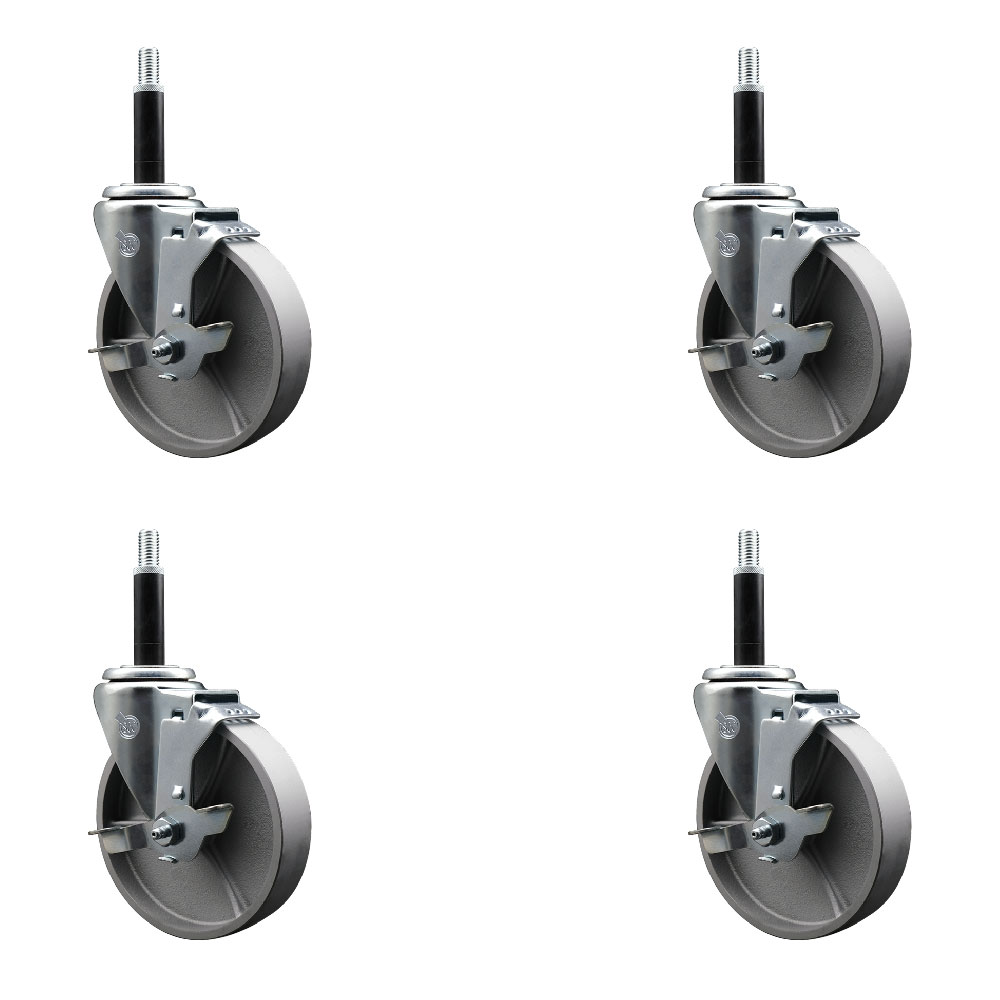 Semi Steel Cast Iron Swivel Expanding Stem Caster with Roller Bearings 5 x 1.5 in. Silver Wheels & 0.75 in. Stems 4 with Top Lock Brakes - Set of 4
