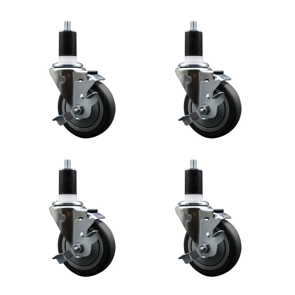 Stainless Steel Thermoplastic Rubber Swivel Expanding Stem Caster with 4 in. Gray Wheels & 1.5 in. Stems 4 Swivel with Top Locking Brakes - Set of 4