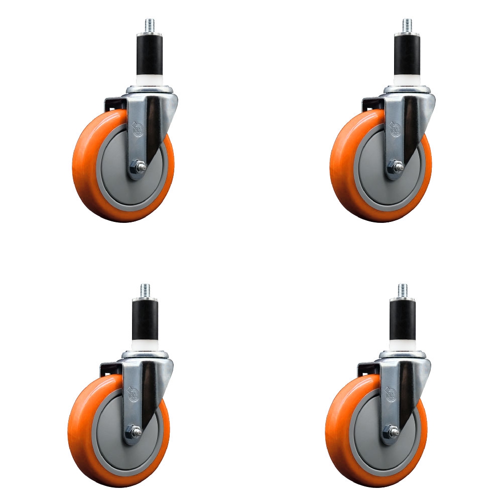 Polyurethane Swivel Stem Caster with 5 in. Orange Caster Wheels, 1.38 in. Expanding Stems - 316 Stainless Steel Casters - Set of 4
