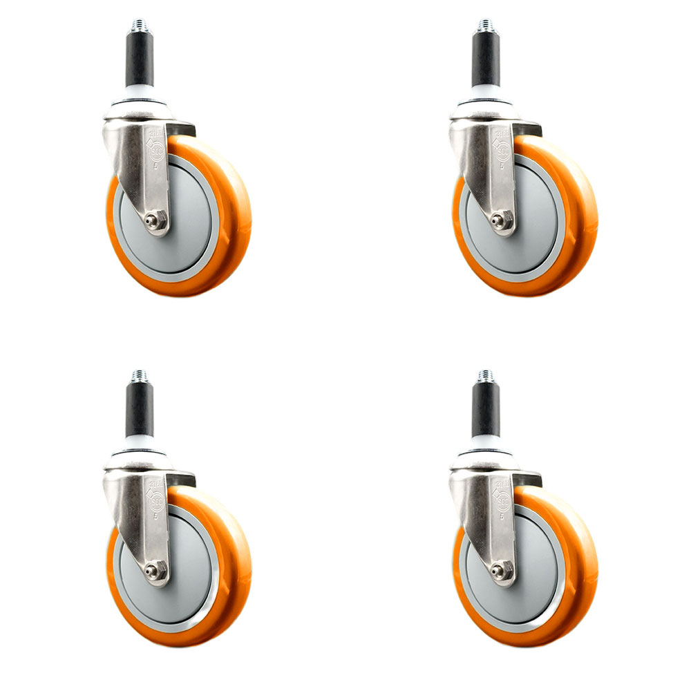 Polyurethane Swivel Stem Caster with 5 in. Orange Caster Wheels, 1 in. Expanding Stems - 316 Stainless Steel Casters - Set of 4