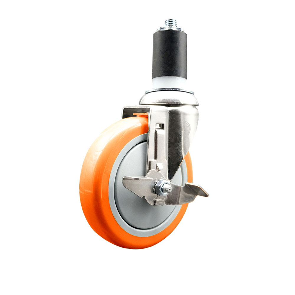 Polyurethane Swivel Stem Caster with 5 in. Orange Caster Wheels & Top Lock Brake, 1.5 in. Expanding Stem - 316 Stainless Steel Caster