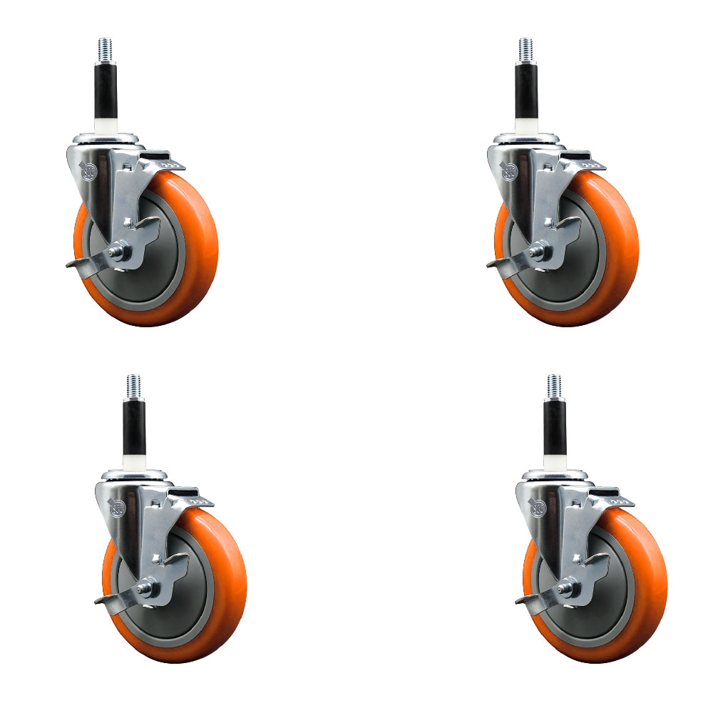 Polyurethane Swivel Stem Caster with 5 in. Orange Caster Wheels, 0.87 in. Expanding Stems - 316 Stainless Steel Casters - Set of 4