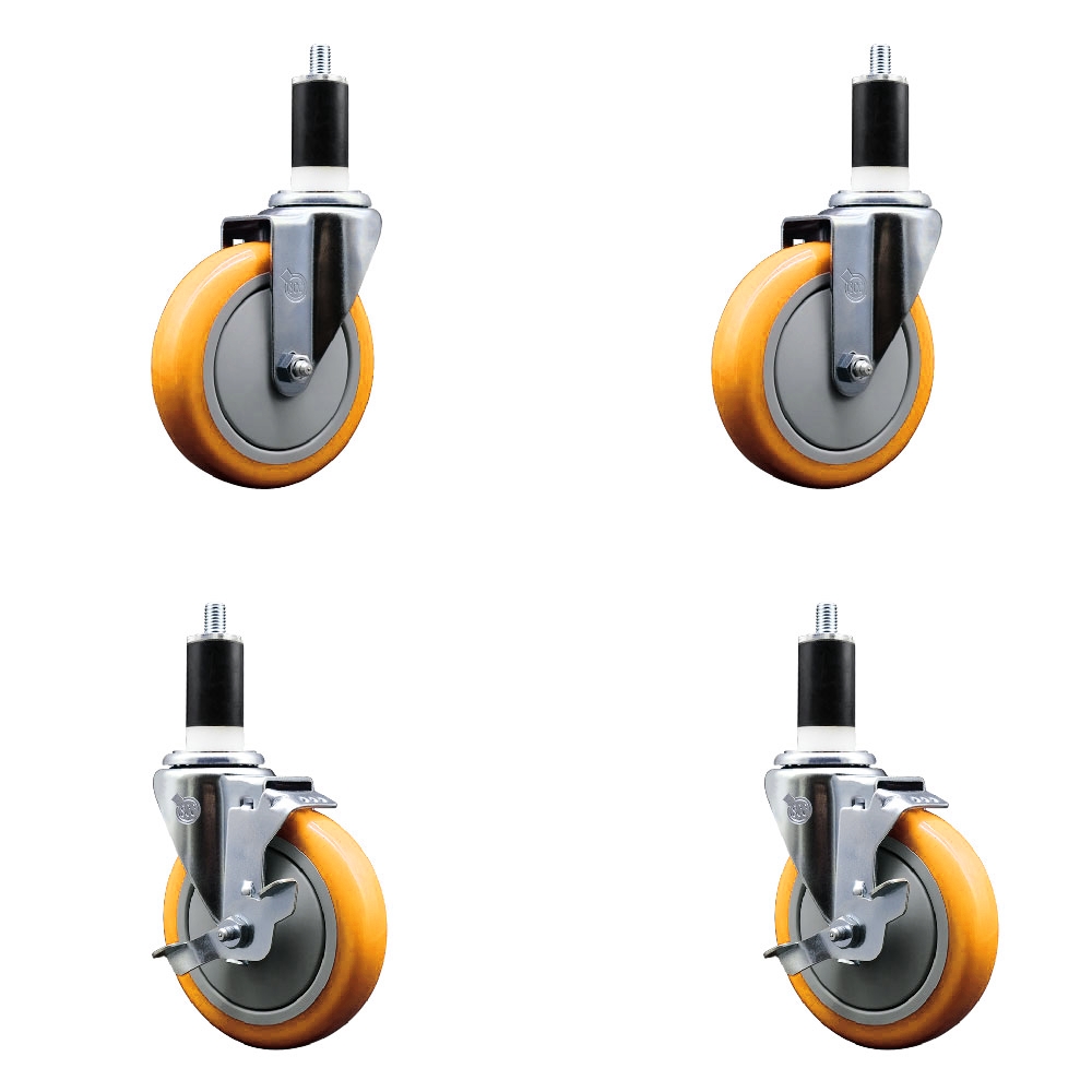 Polyurethane Swivel Stem Caster with 5 in. Yellow Caster Wheels, 1.38 in. Expanding Stems - 316 Stainless Steel Casters - Set of 4