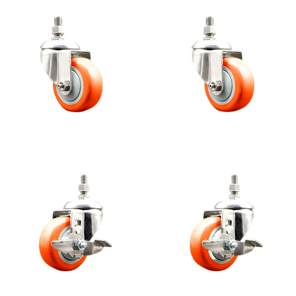 Poly Swivel Stem Caster with 3 in. Orange Caster Wheels, 0.5 in. Threaded Stems - 316 Stainless Steel Casters - Set of 4