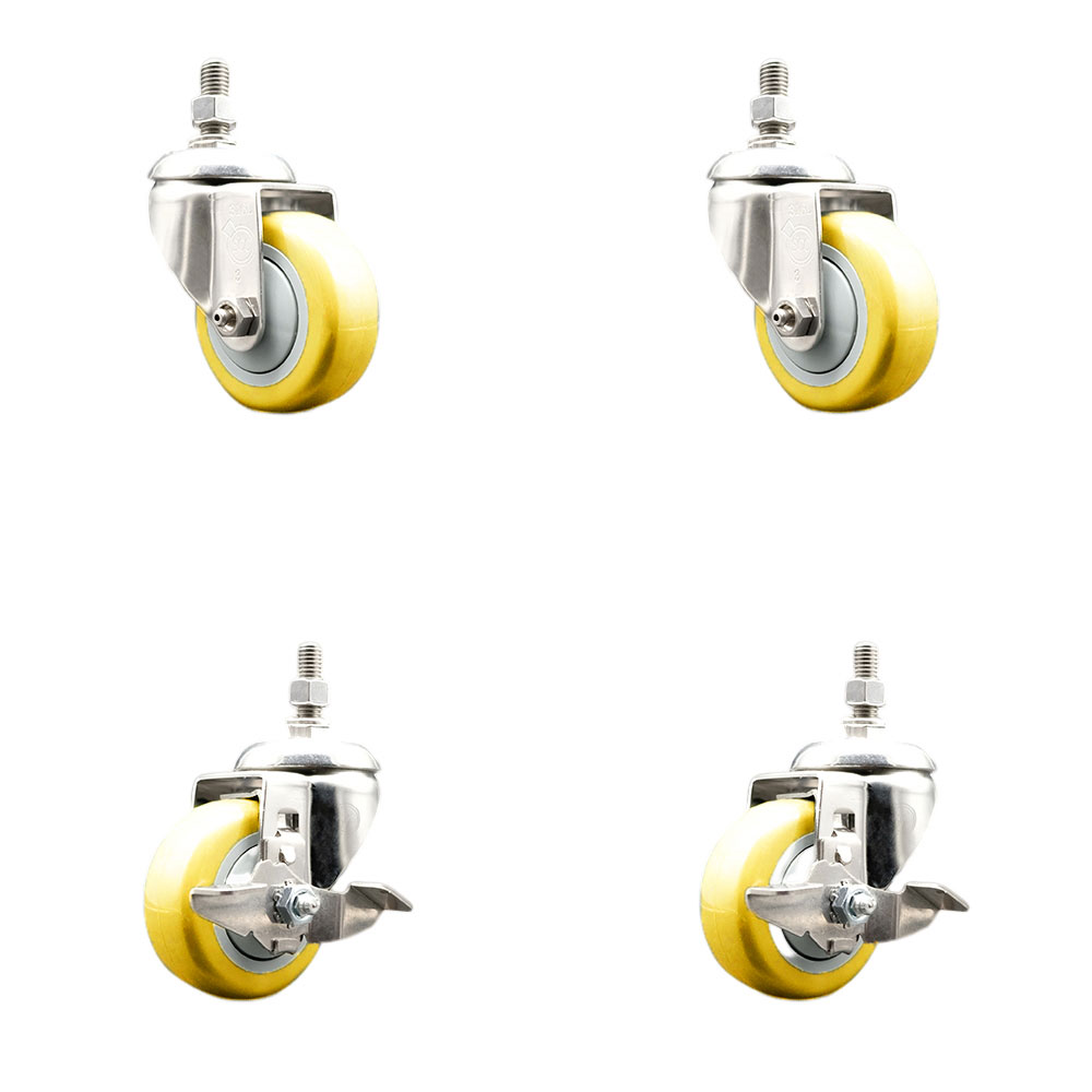 Poly Swivel Stem Caster with 3 in. Yellow Caster Wheels, 0.5 in. Threaded Stems - 316 Stainless Steel Casters - Set of 4