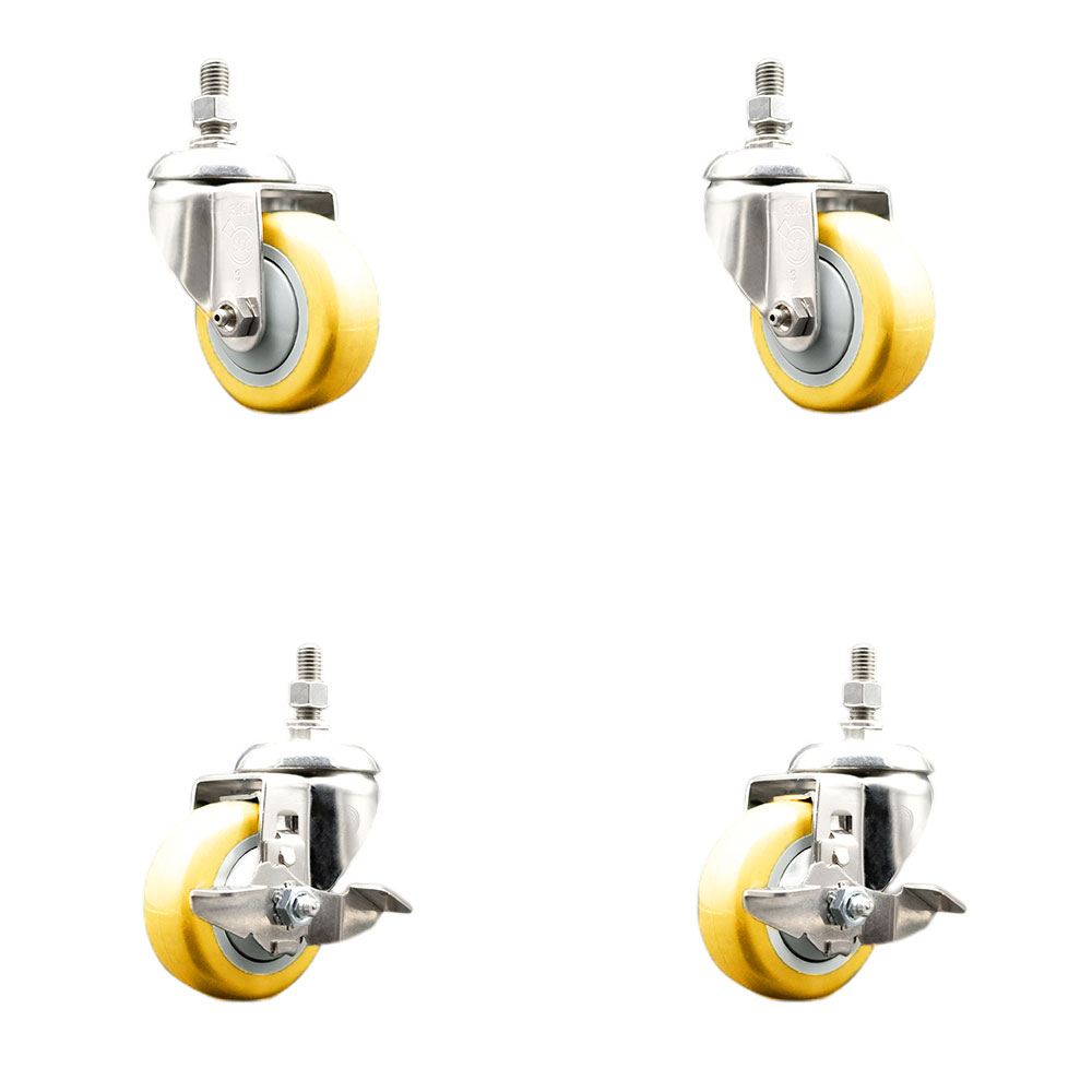 Poly Swivel Stem Caster with 3 in. Yellow Caster Wheels, 10 mm Threaded Stems - 316 Stainless Steel Casters - Set of 4