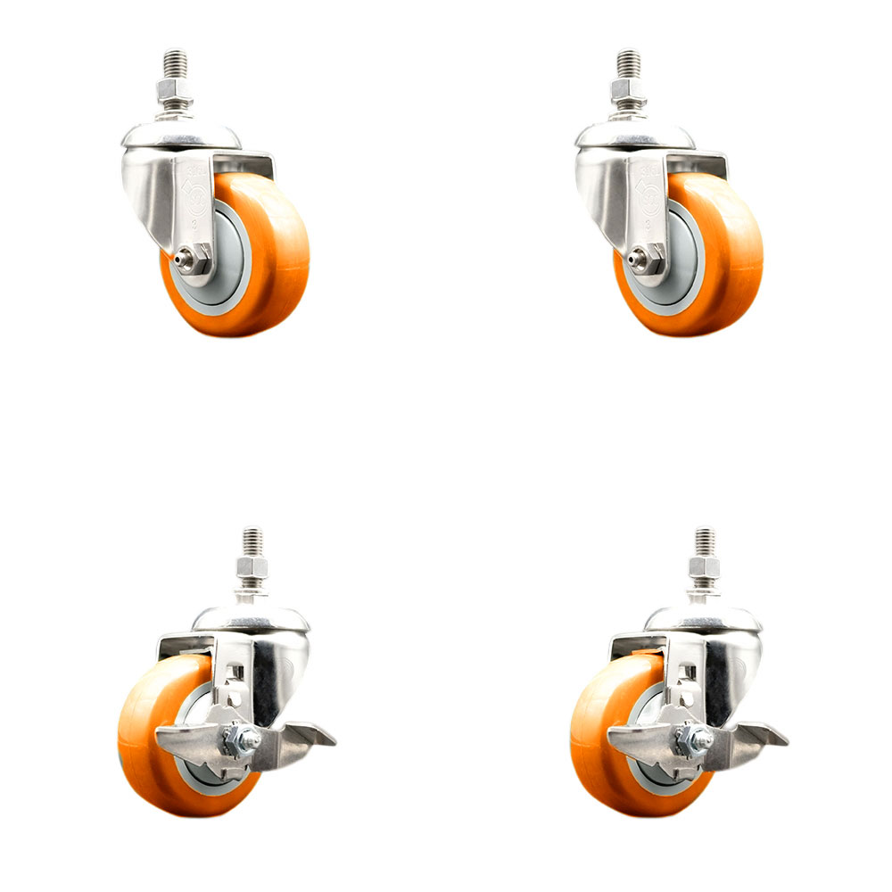 Poly Swivel Stem Caster with 3.5 in. Orange Caster Wheels, 10 mm Threaded Stems - 316 Stainless Steel Caster - Set of 4