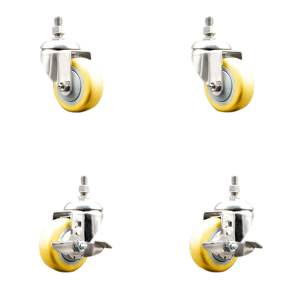 Poly Swivel Stem Caster with 3.5 in. Yellow Caster Wheels, 10 mm Threaded Stems - 316 Stainless Steel Caster - Set of 4