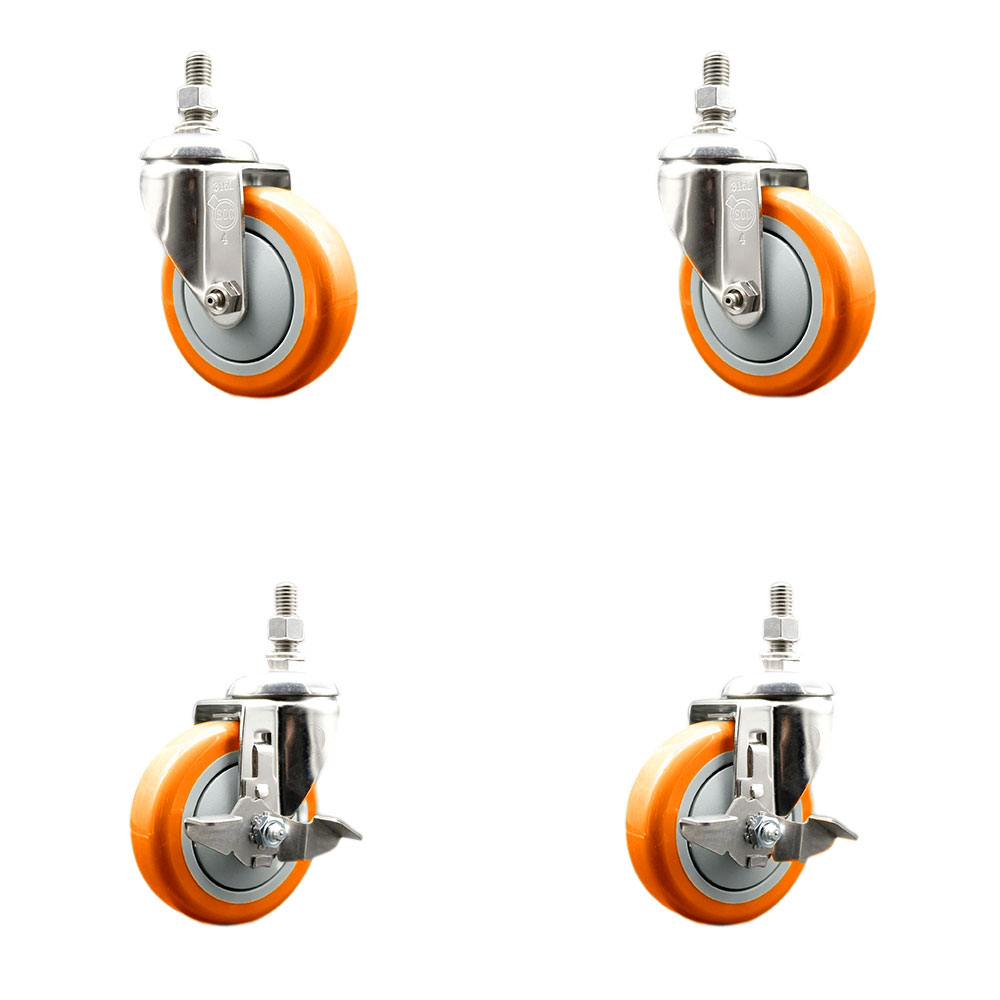 Poly Swivel Stem Caster with 4 in. Orange Caster Wheels, 0.5 in. Threaded Stems - 316 Stainless Steel Casters - Set of 4
