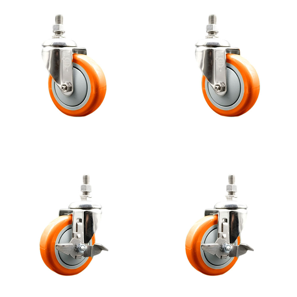 Poly Swivel Stem Caster with 4 in. Orange Caster Wheels, 10 mm Threaded Stems - 316 Stainless Steel Casters - Set of 4